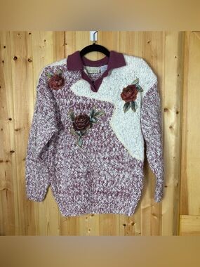 Vintage Country Romance Sweater Womens M Floral Rose Cottagecore Granny Knit 90s